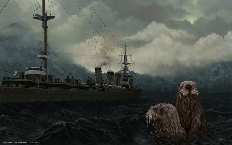 Otters near warship at sea