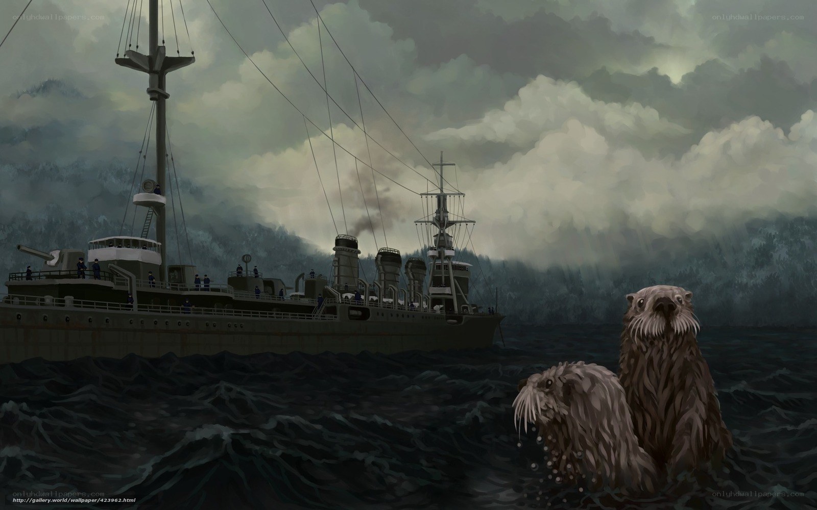 Otters near warship at sea