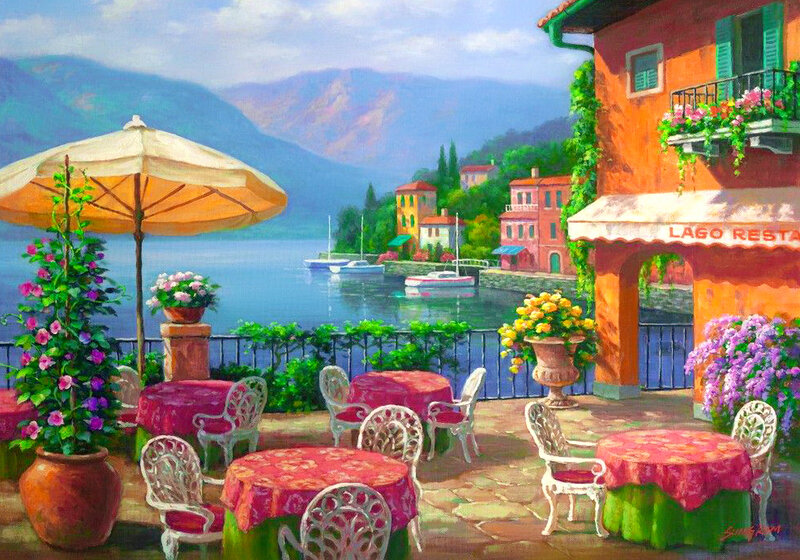 Outdoor Cafe by Lake — Orange