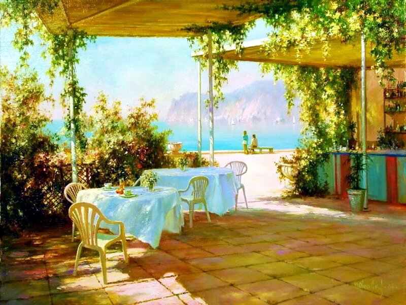 Outdoor Cafe by Sea — Blue, Serene