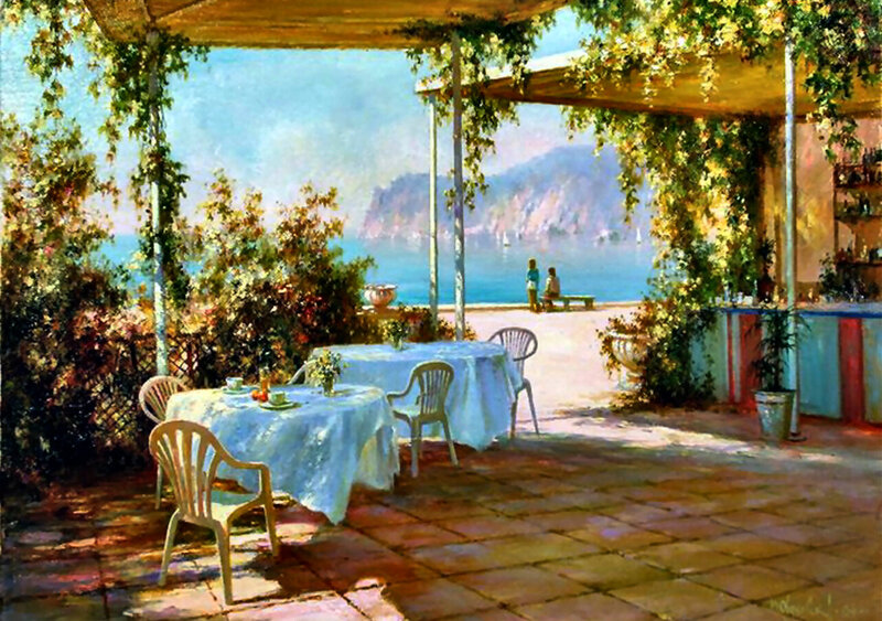 Outdoor Cafe by Sea — Blue