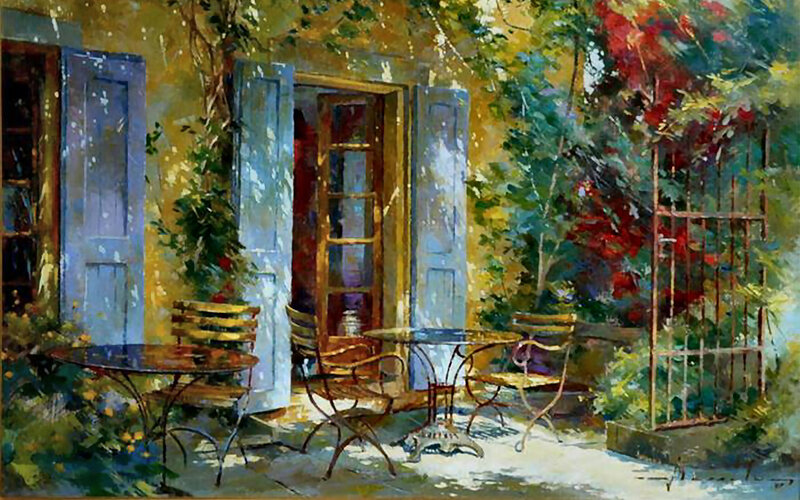 Outdoor Cafe Table — Green, Serene, Afternoon