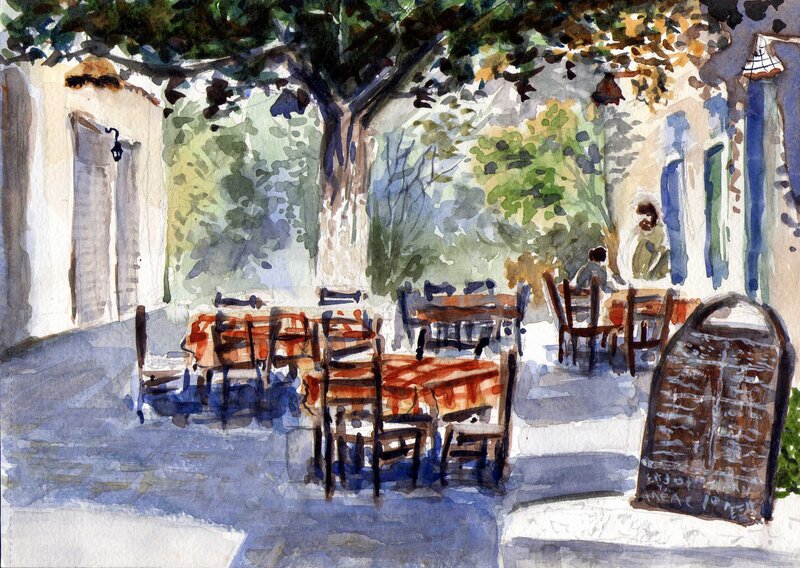 Outdoor Cafe Tables — Blue, Serene, Afternoon