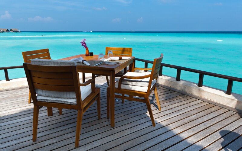Outdoor Dining Table — Blue, Serene, Afternoon, Photograph, Chairs, Ocean