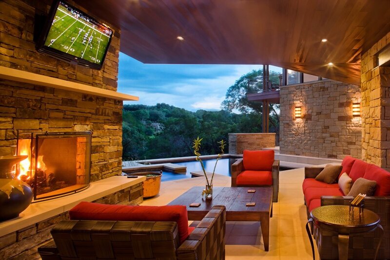 Outdoor living room with fireplace