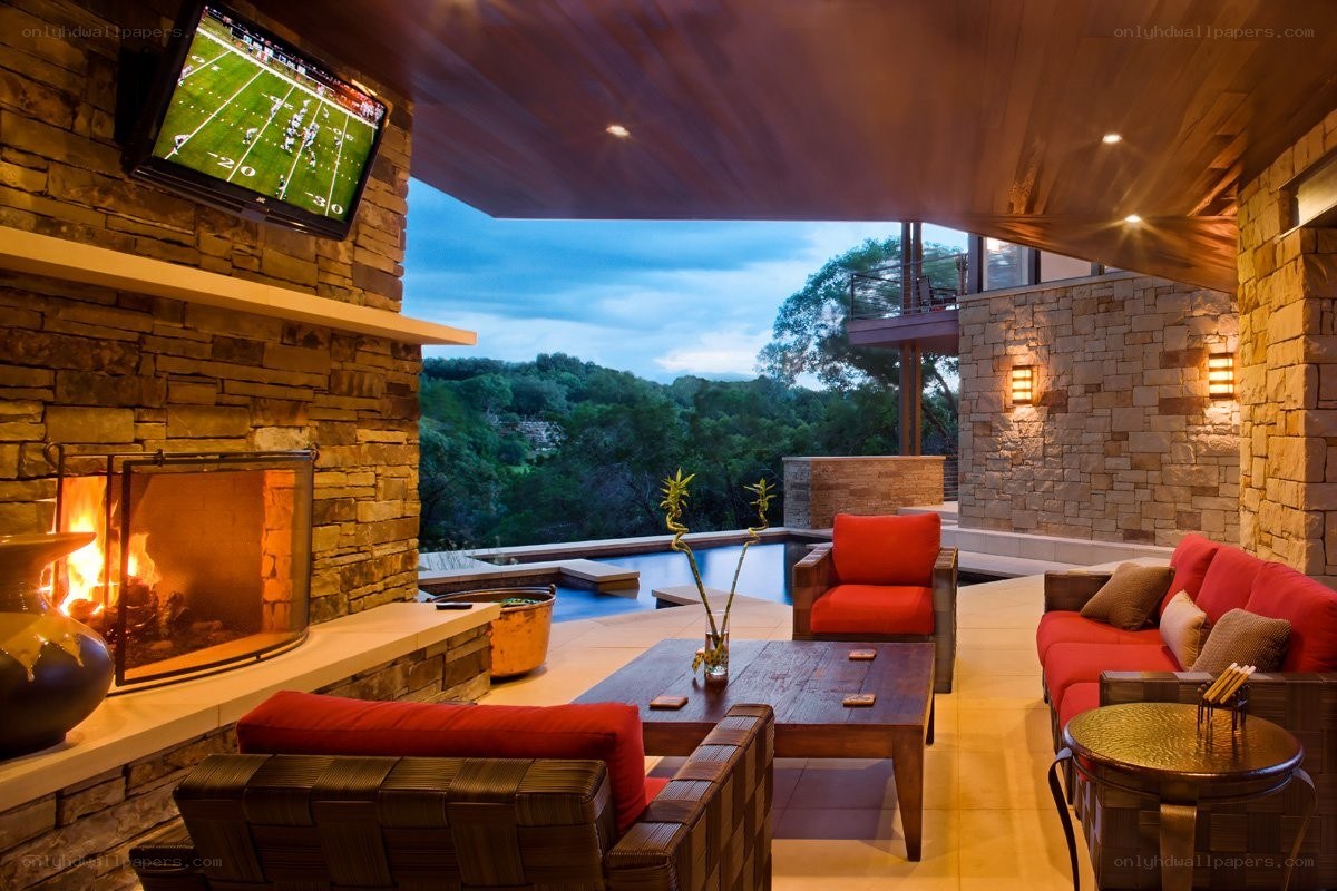 Outdoor living room with fireplace