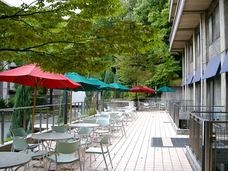 Outdoor patio with colorful umbrellas