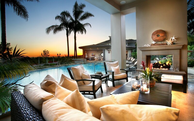 Outdoor Patio with Fireplace — Beige, Serene, Sunset, Photograph