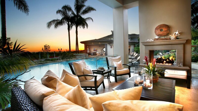 Outdoor Patio with Fireplace — Beige, Serene, Sunset