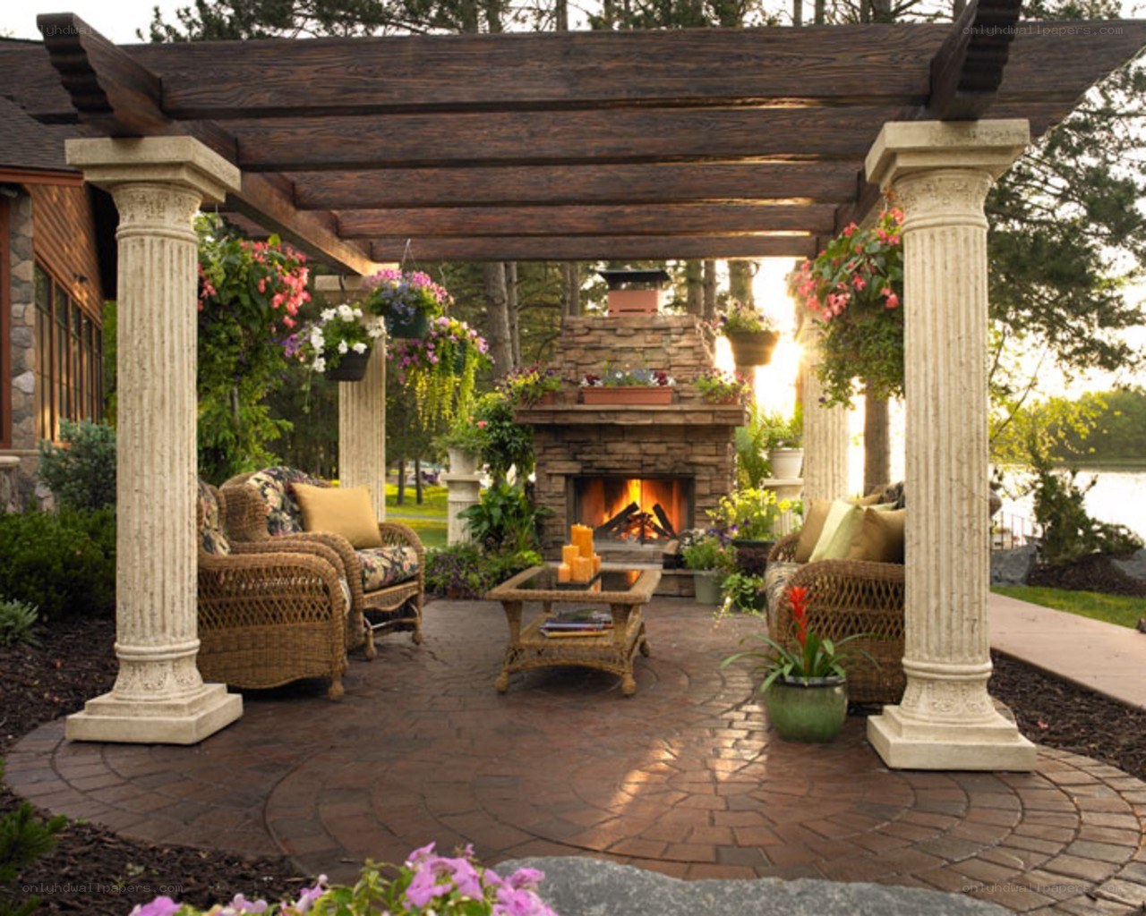 Outdoor patio with fireplace