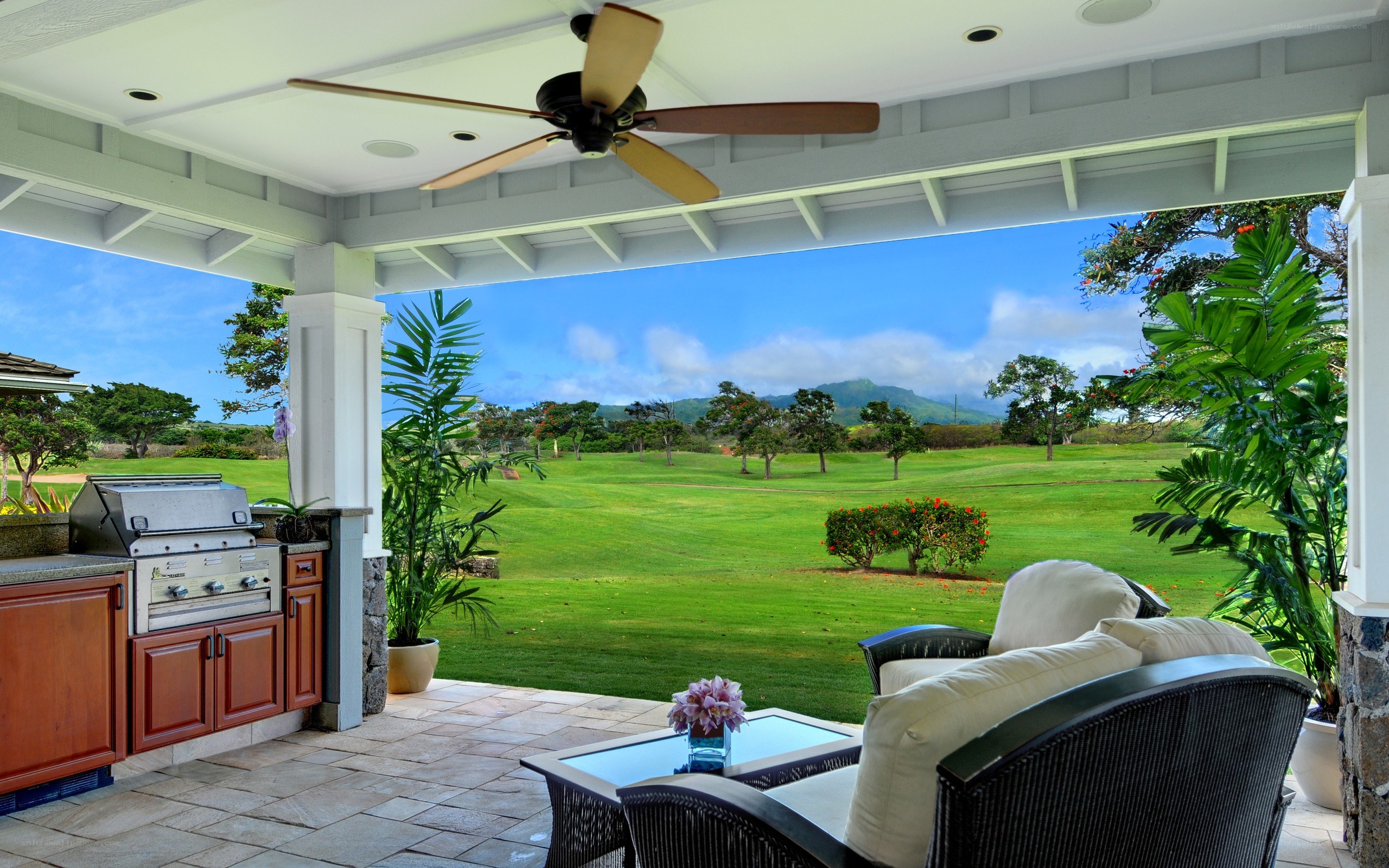 Outdoor patio with golf course view