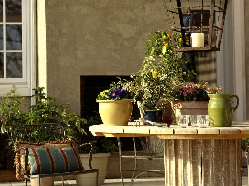 Outdoor patio with plants and table
