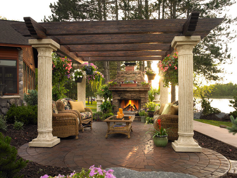 Outdoor pergola with fireplace