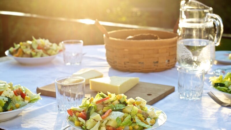 Outdoor picnic with salad and cheese