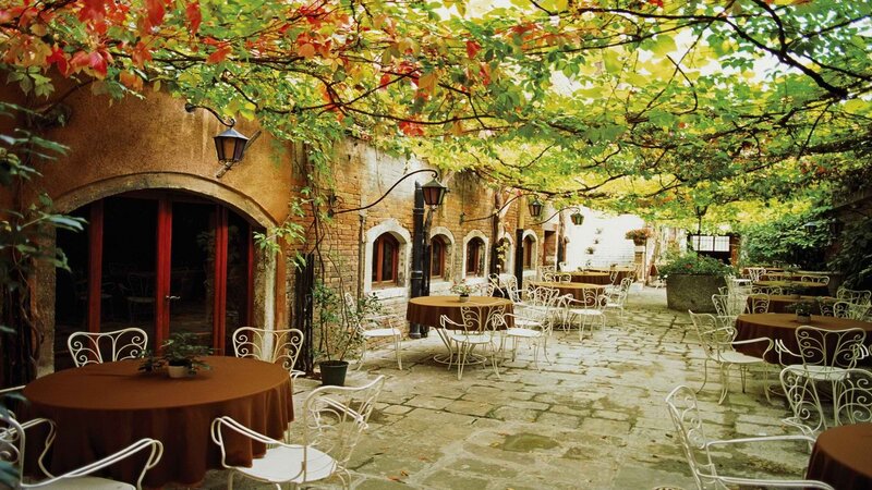Outdoor restaurant patio in autumn