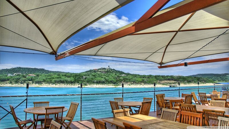 Outdoor Restaurant Seating — Blue, Serene, Afternoon, Photograph