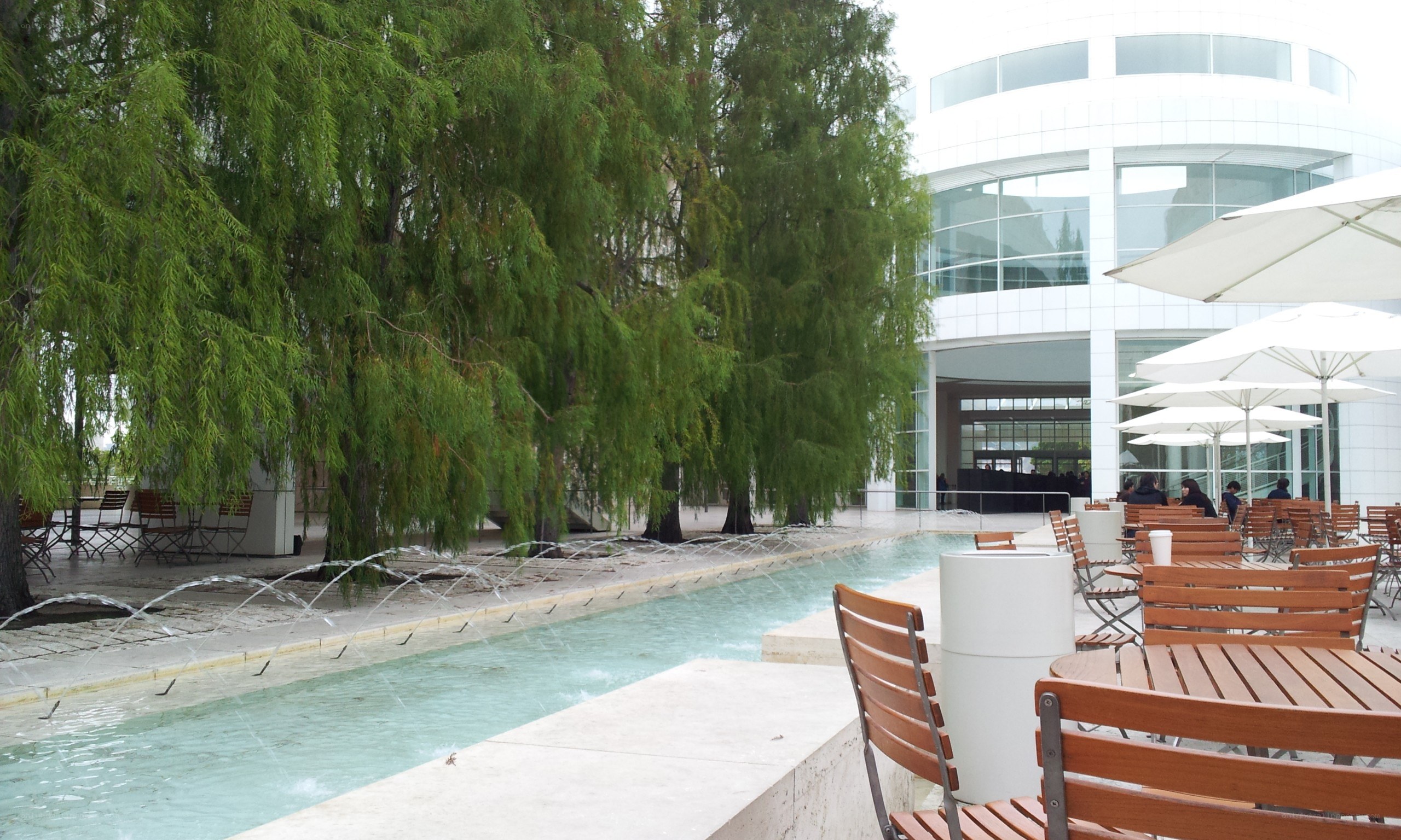 Outdoor seating by a water feature