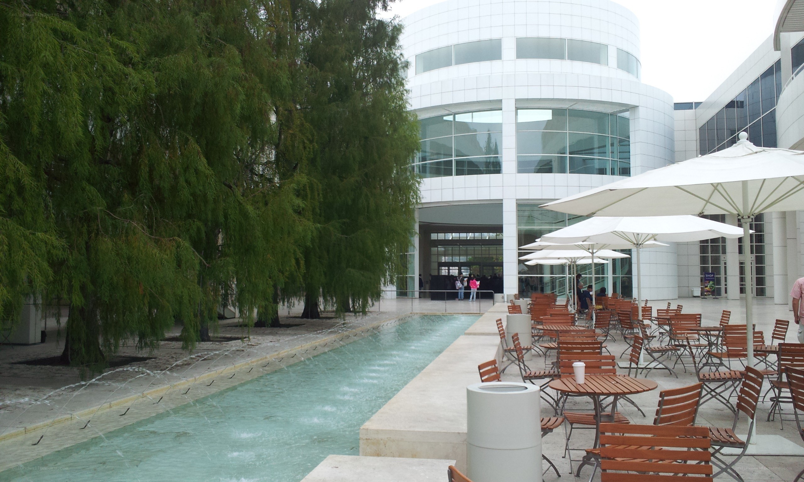 Outdoor seating by a water feature