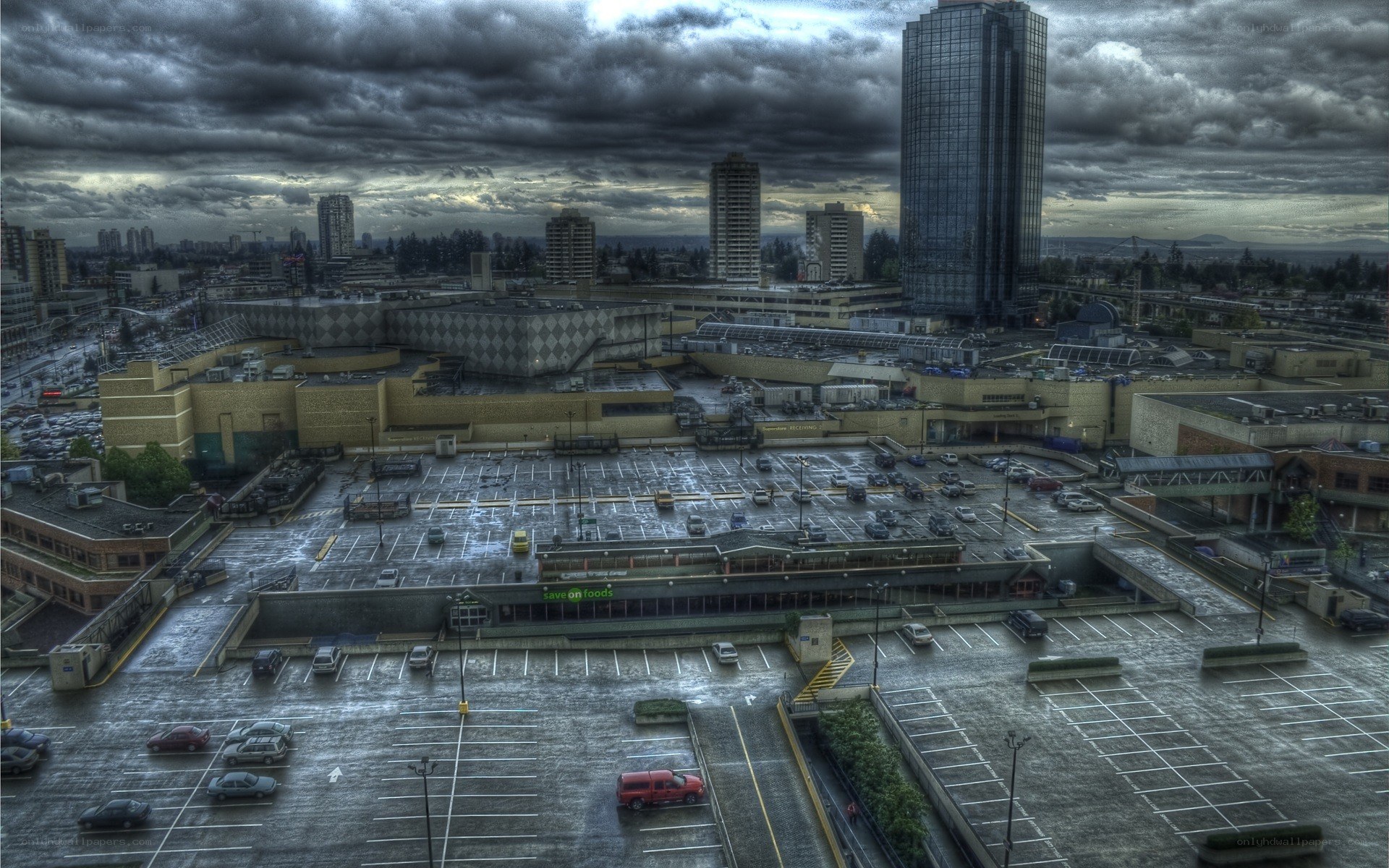 Overcast city parking lot