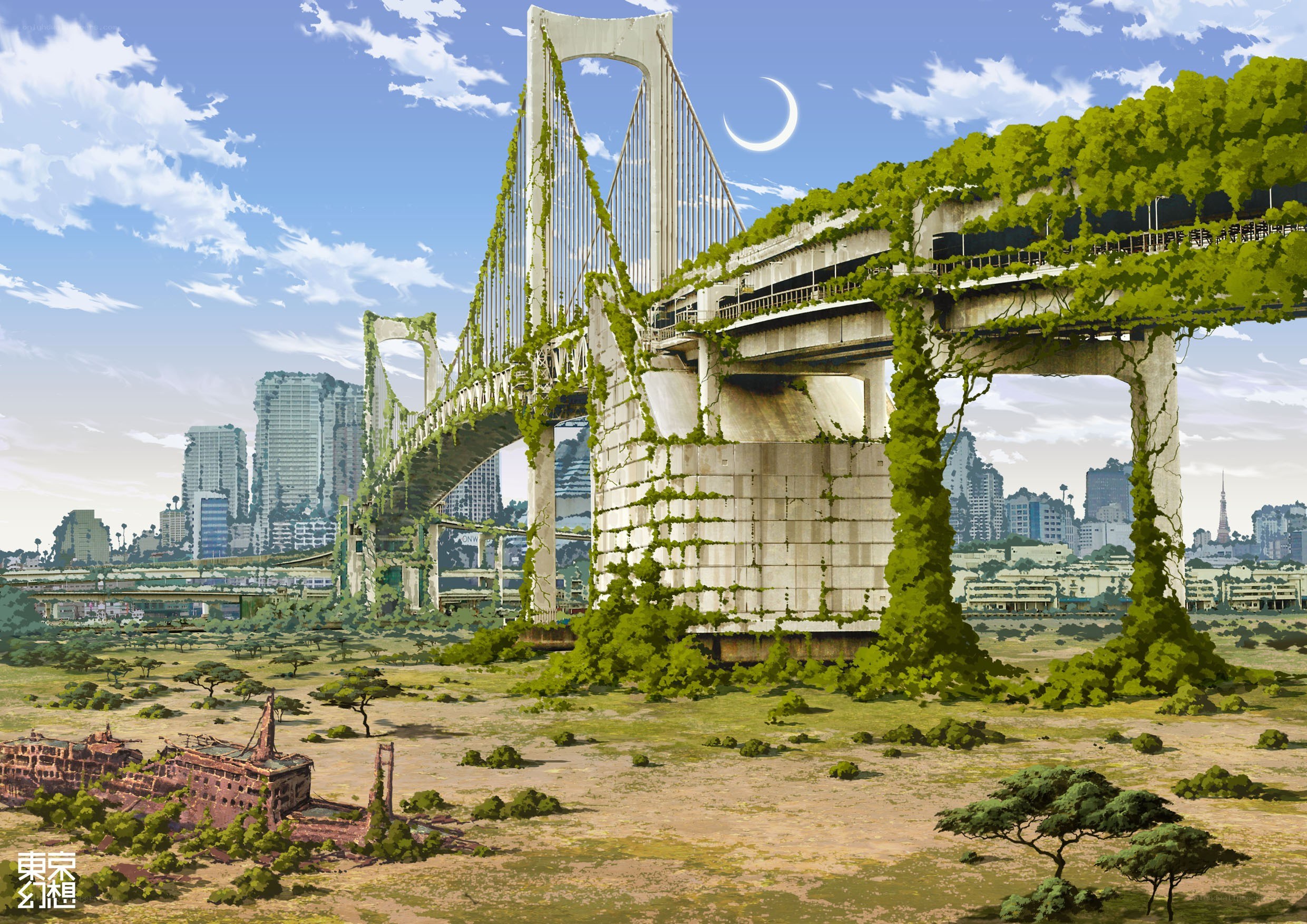 Overgrown bridge in abandoned city