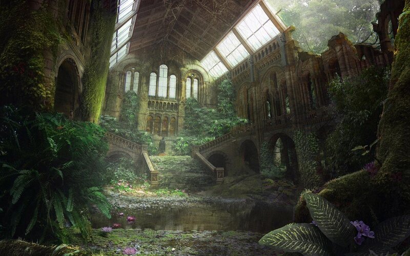overgrown cathedral ruins