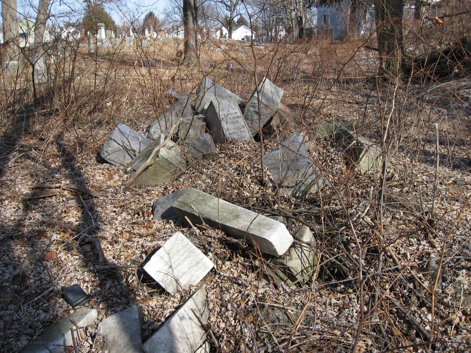 Overgrown cemetery with fallen gravestones
