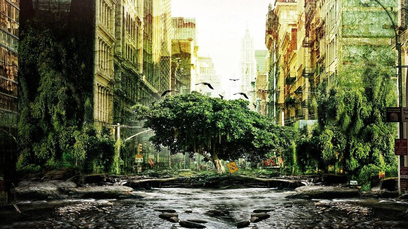 overgrown city street with river