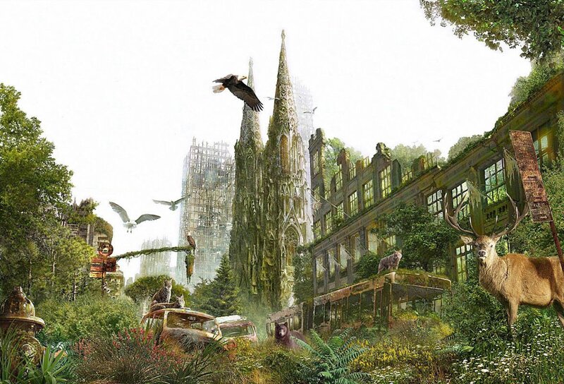 overgrown city with wildlife
