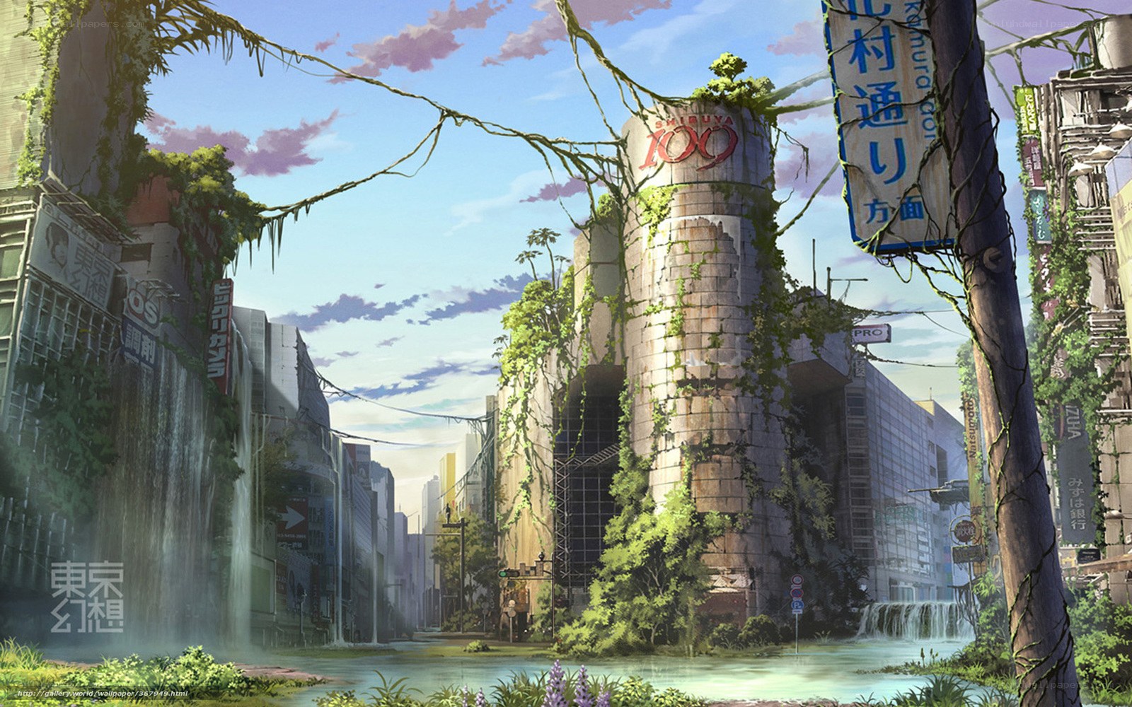 Overgrown cityscape with nature reclaiming urban ruins