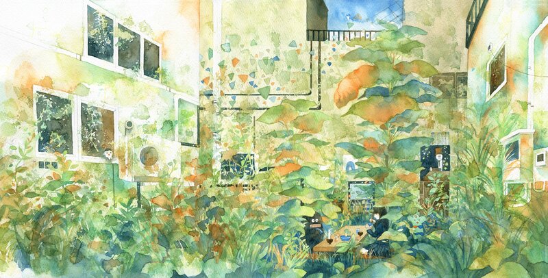 Overgrown courtyard with creatures