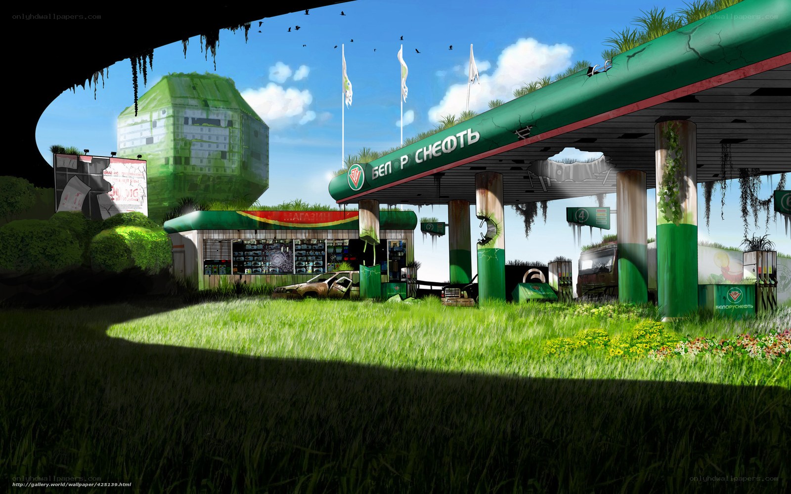 Overgrown gas station