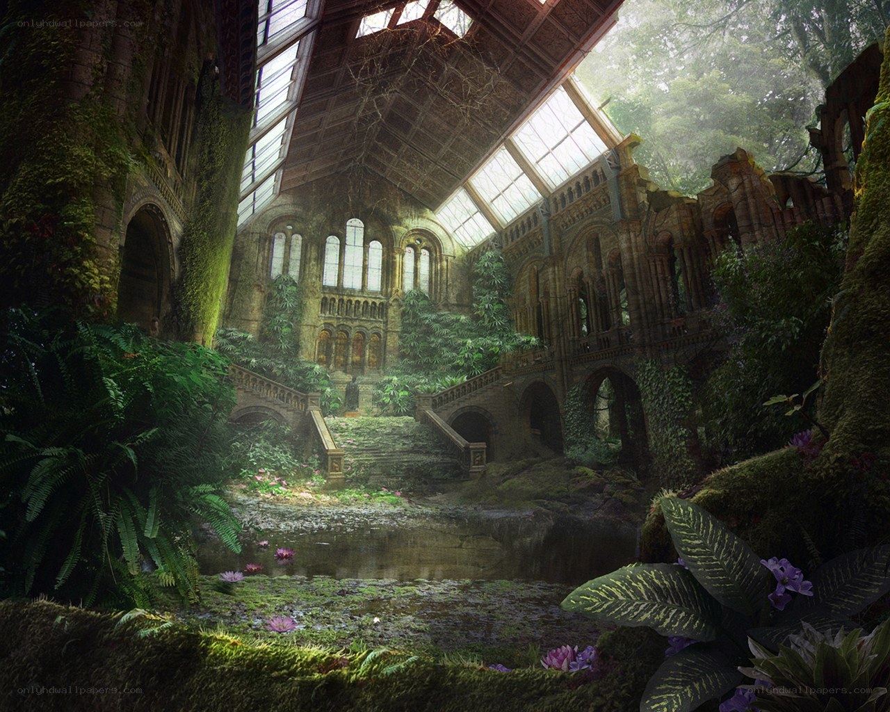 overgrown greenhouse ruins