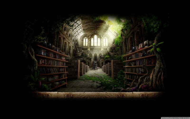 Overgrown Library Interior — Green, Dramatic
