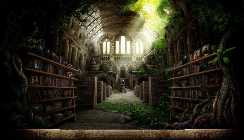 Overgrown Library Interior — Green
