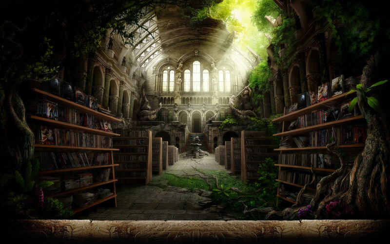 Overgrown library with sunlight
