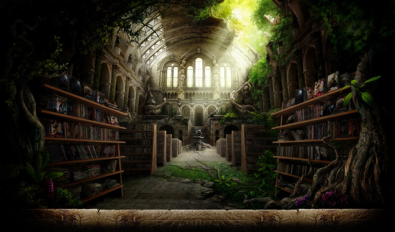 overgrown library with sunlight