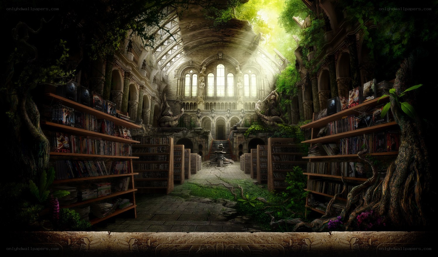 overgrown library with sunlight