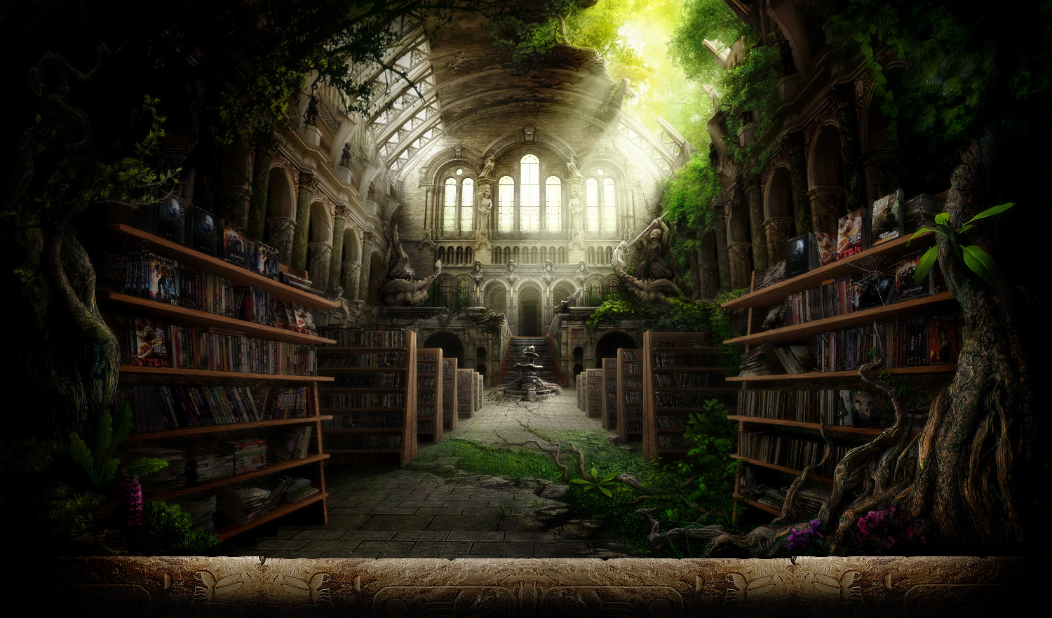 overgrown library with sunlight