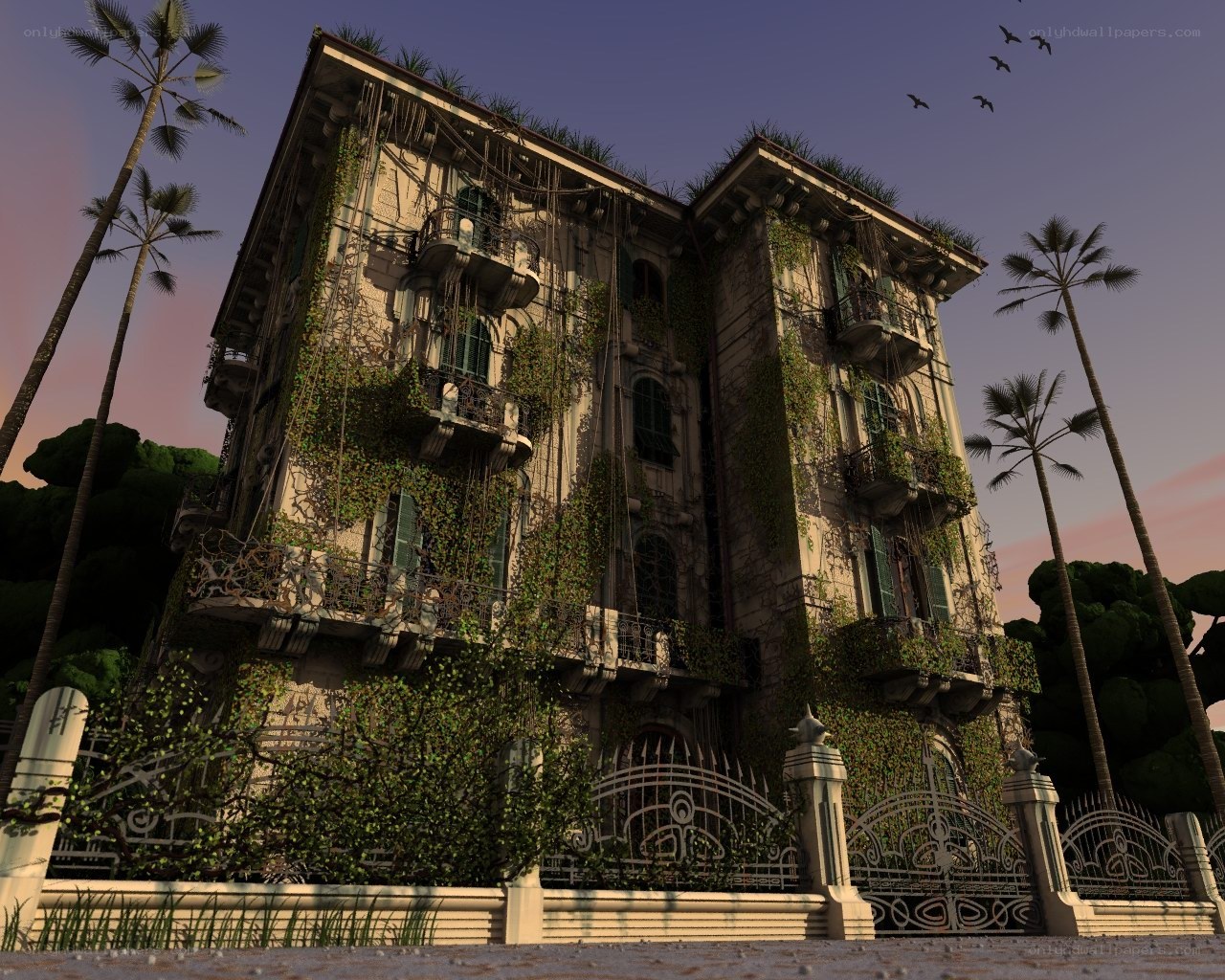 overgrown mansion at dusk