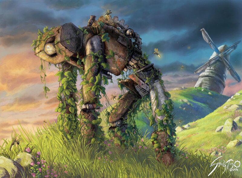 Overgrown robot in a field
