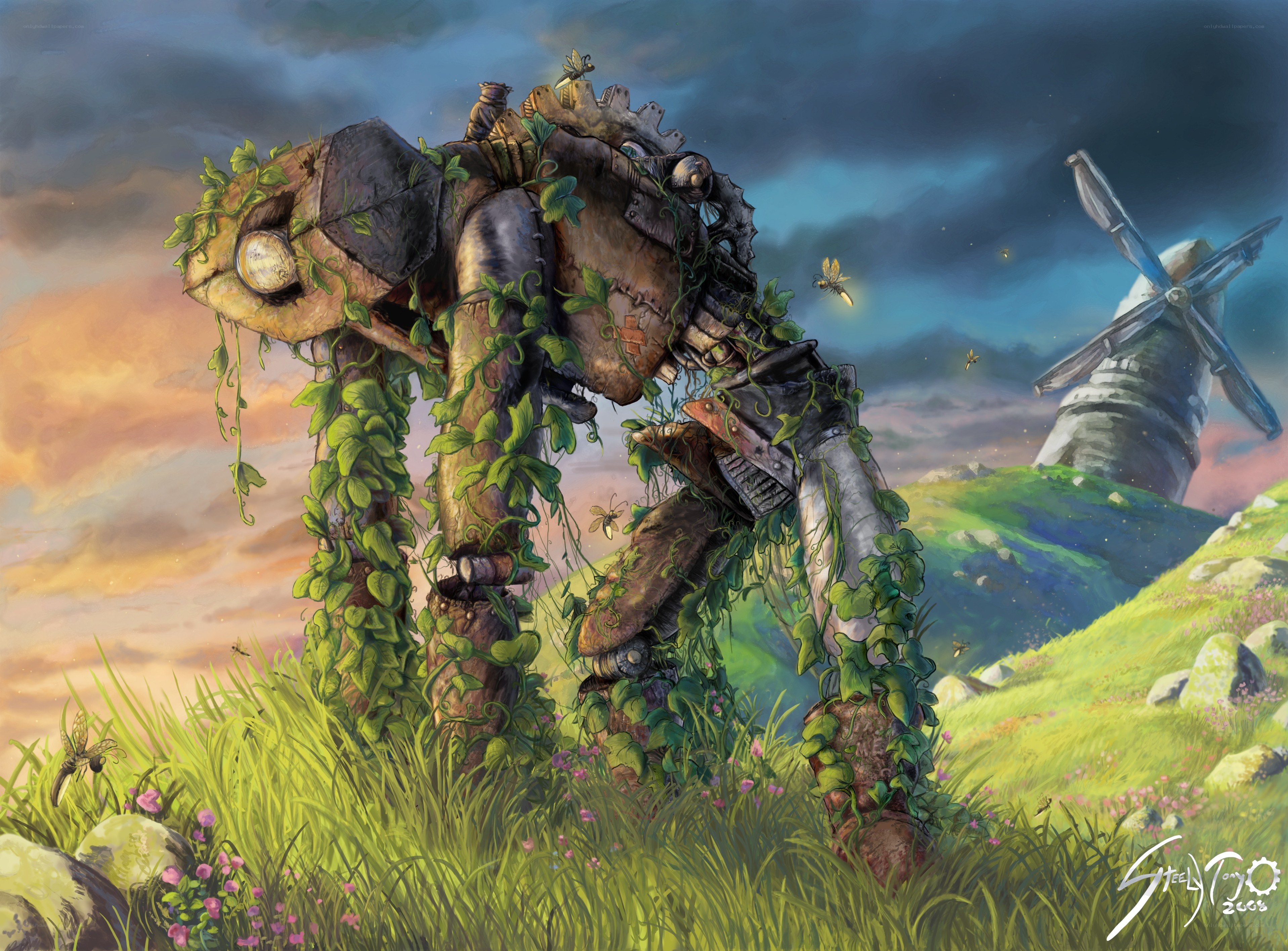 Overgrown robot in a field