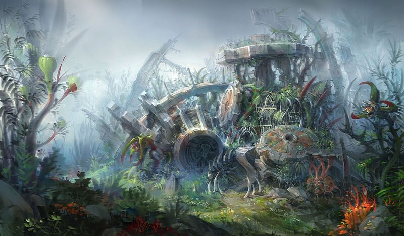 Overgrown Ruins in a Misty Jungle