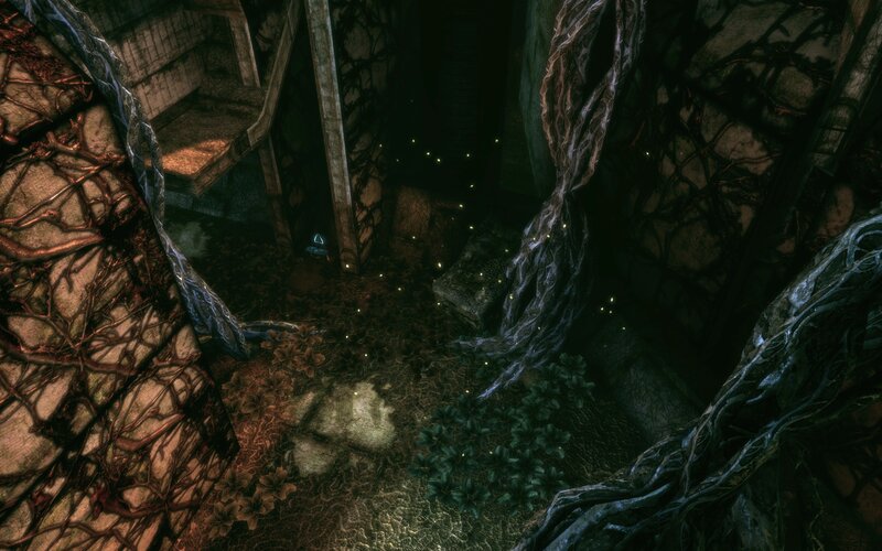 Overgrown Ruins with Glowing Lights