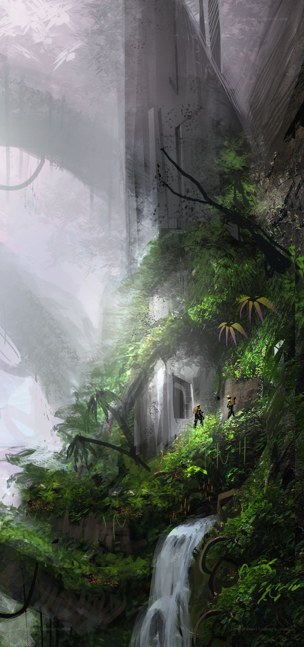 Overgrown ruins with waterfall
