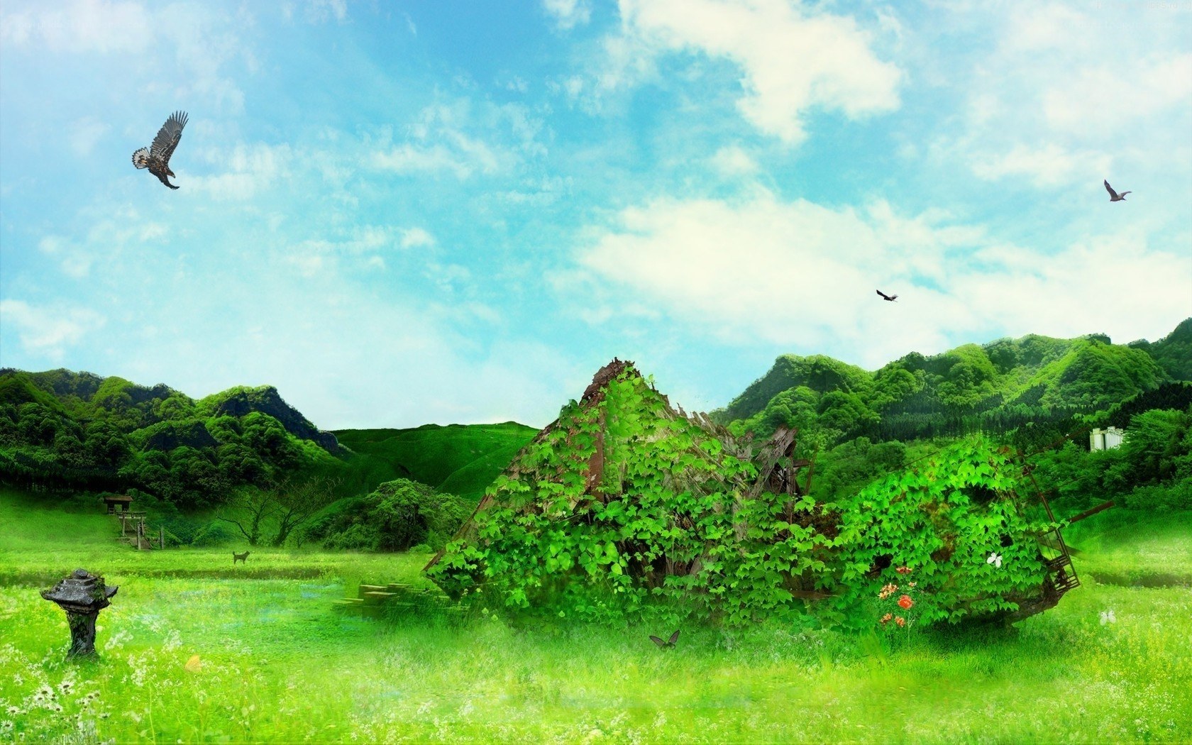 Overgrown ship in green valley