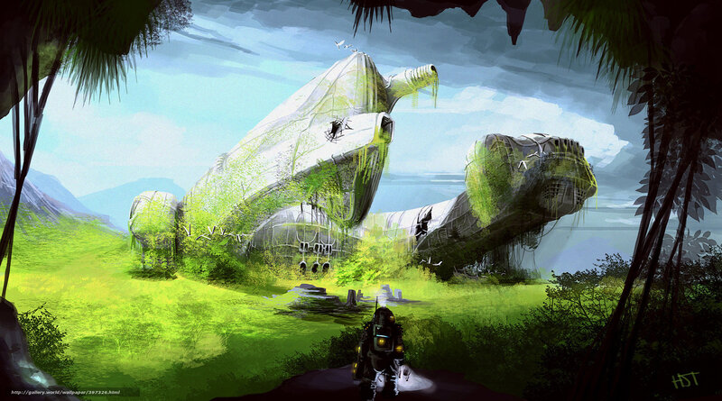 Overgrown spaceship in jungle