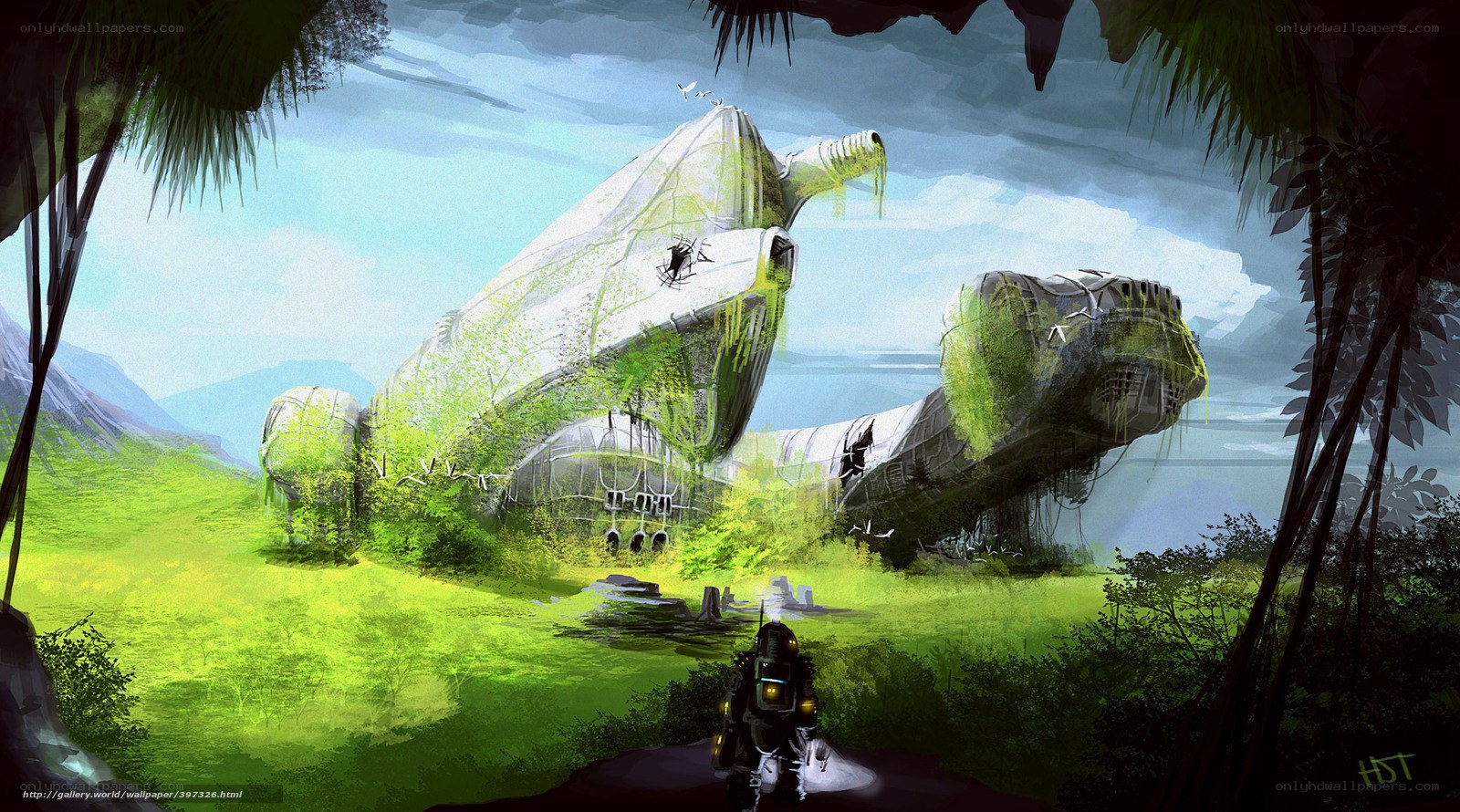 Overgrown spaceship in jungle