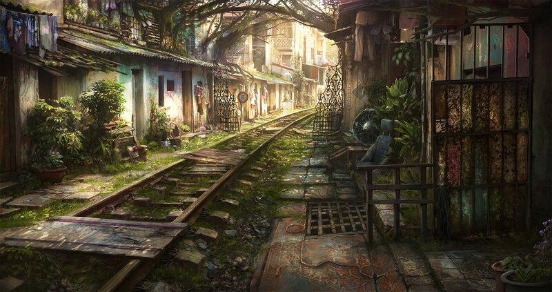 overgrown train tracks in a quiet alley