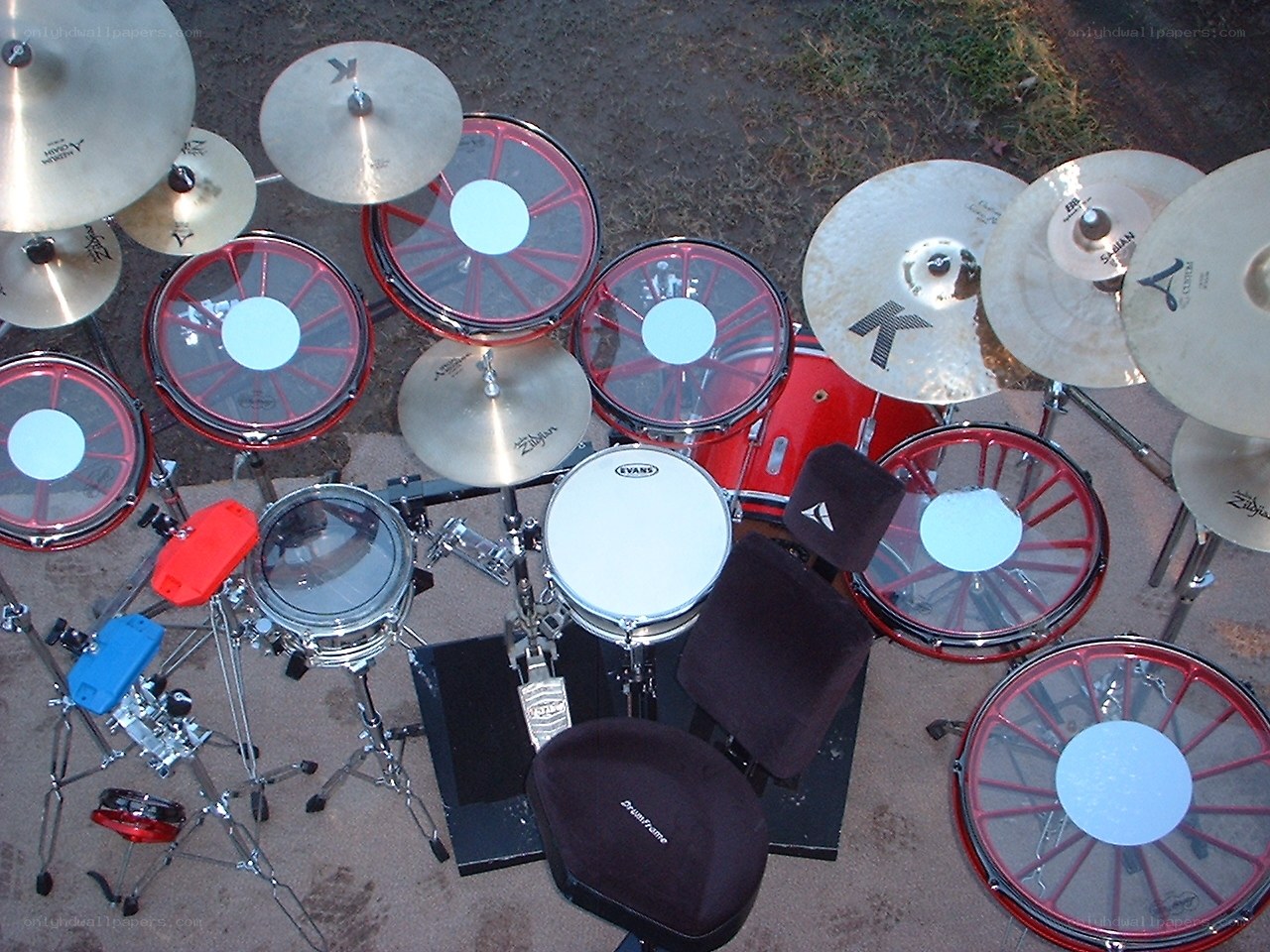 Overhead view of a drum set