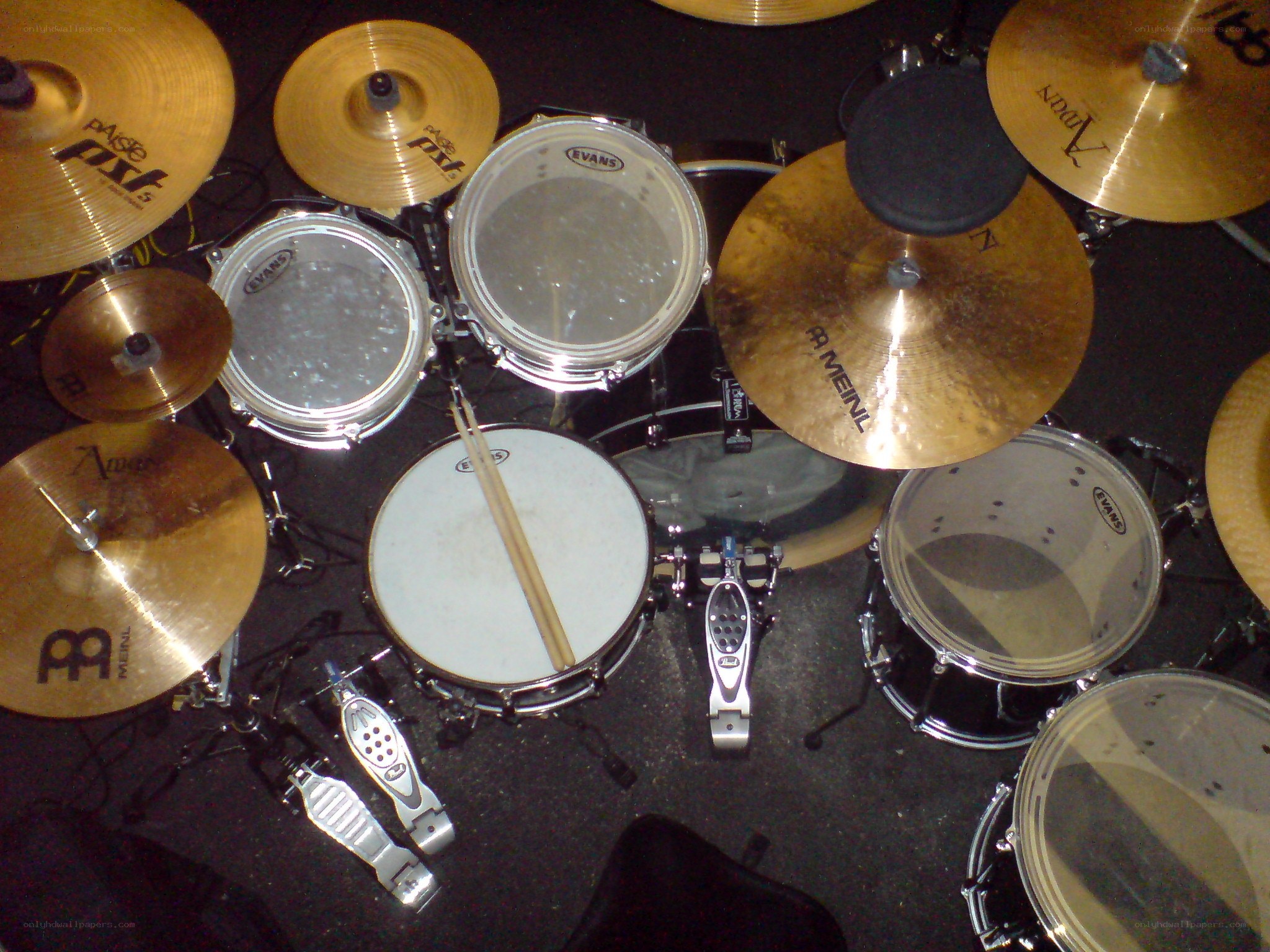 overhead view of a drum set